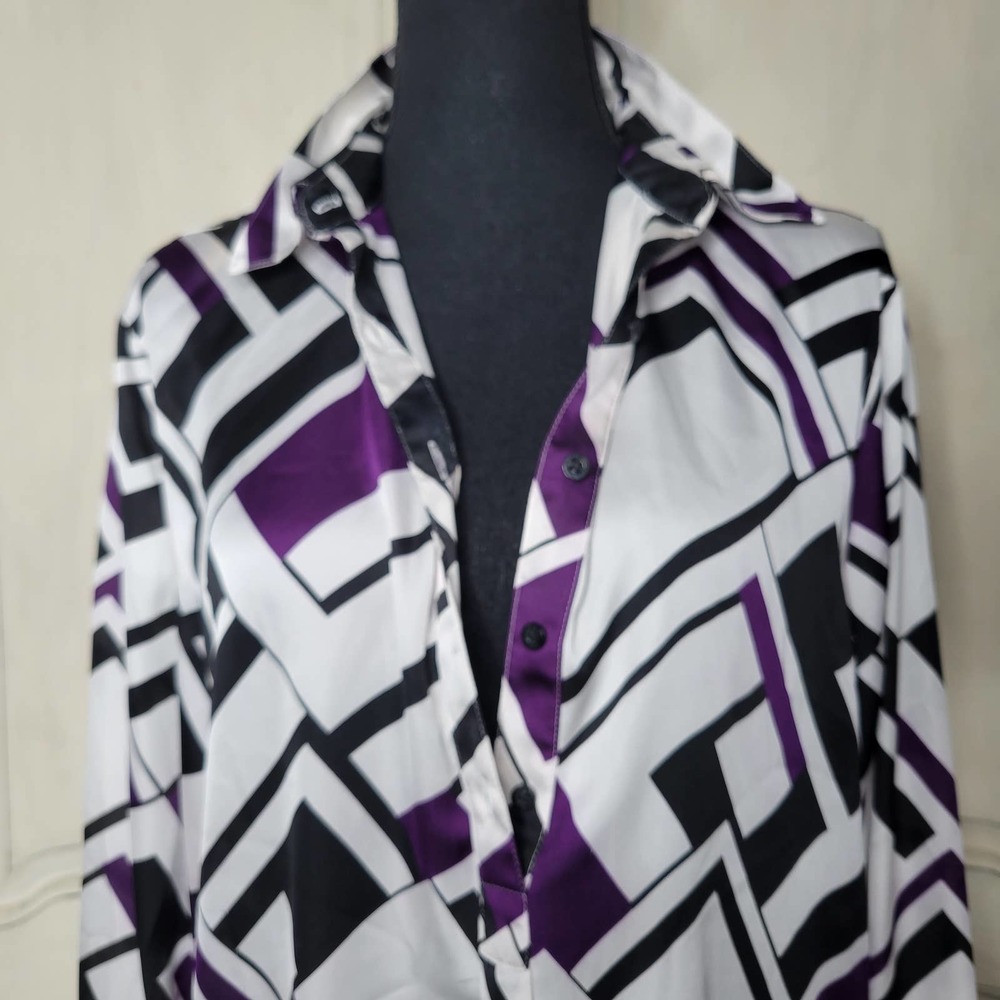 LAUREN Ralph Lauren Geometric Print Purple Sheer 1/4 Button Dress Shirt Blouse✨L
